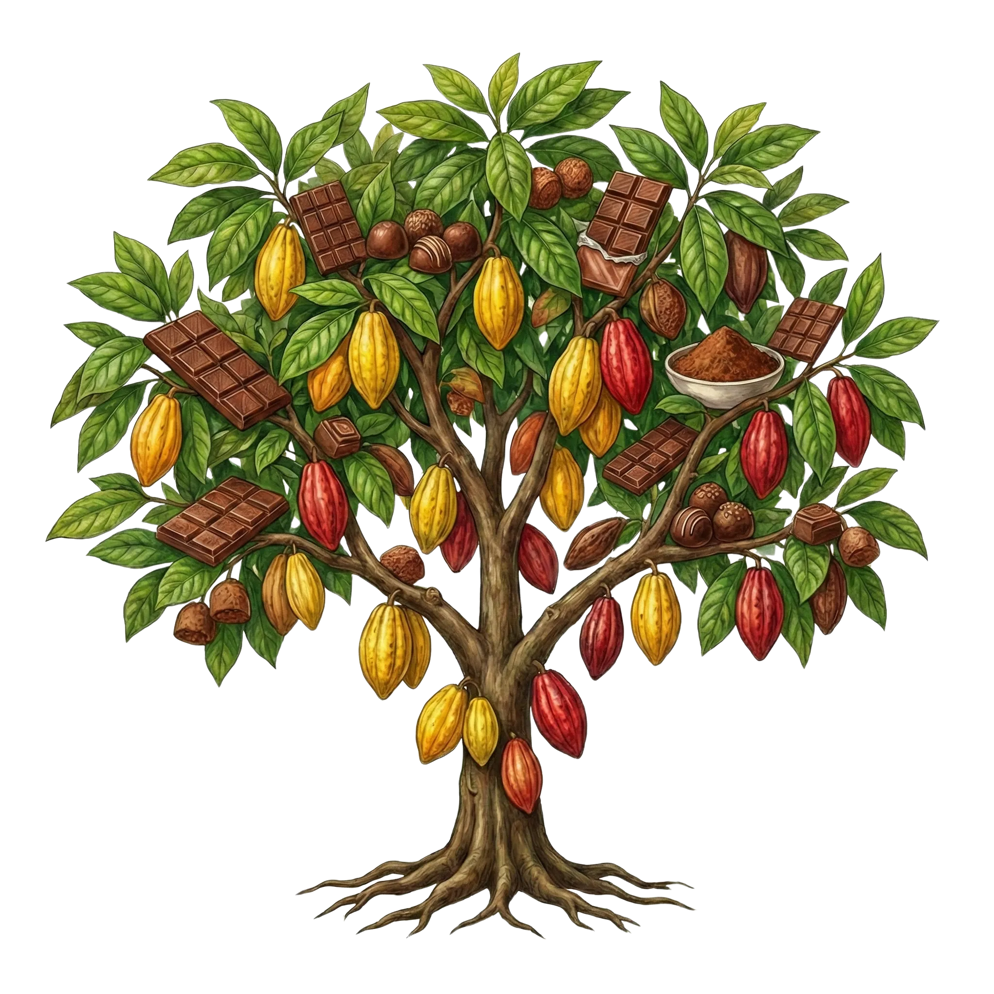 Pé de cacau com frutos e chocolate - Imersão Legado do Cacau